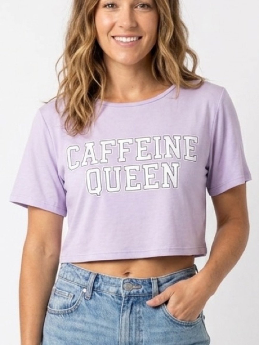 WEEKEND EDITION Caffeine Queen Lavender Purple Shirt Sleeve Crop Top Size Small